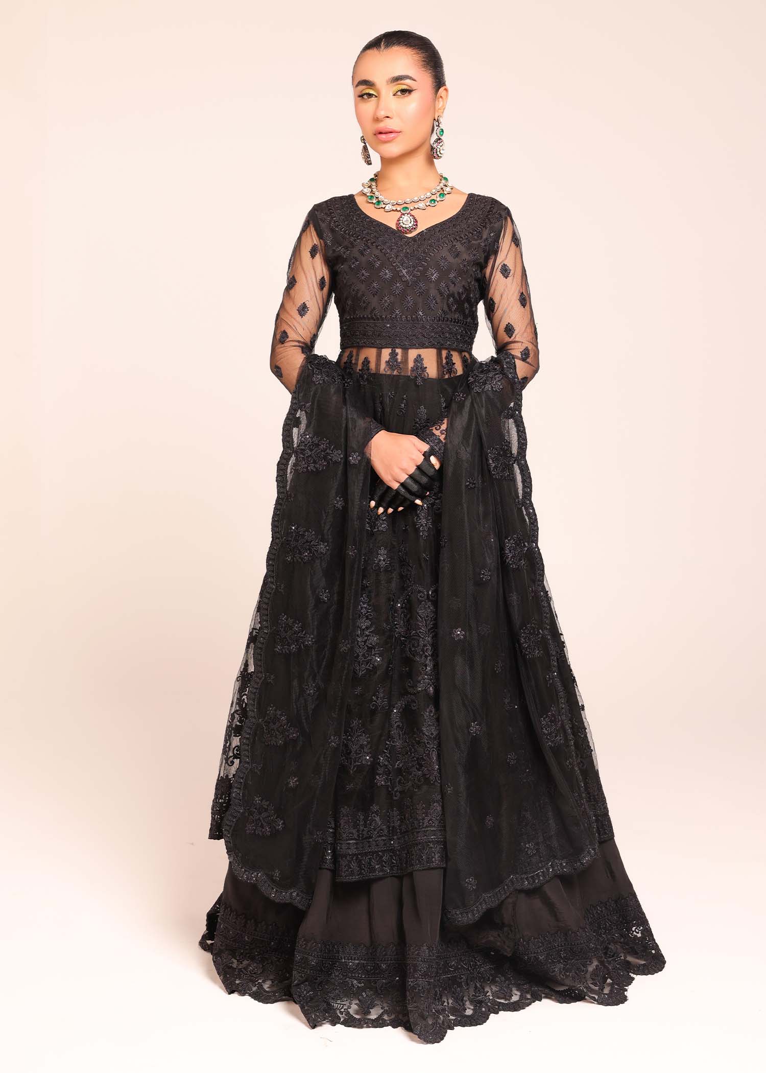Black Saree, Tena Durrani Inspired Black Net Embroidery Saree