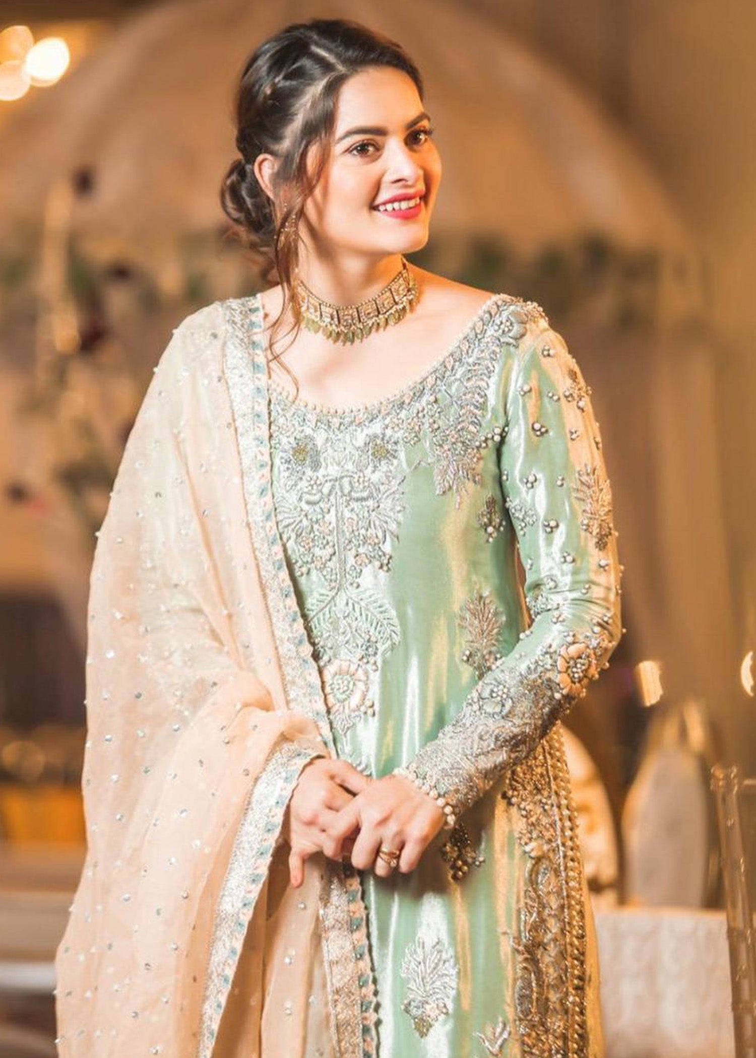 minal khan wedding dress designer Sizzling minal khan slaying in this beautiful hand made ice blue bridal dress featuring silk thread floral and silver zardozi work with amazing intricate details on it . #haramsfabric #bridaldress #traditional #pakistanifashion #
